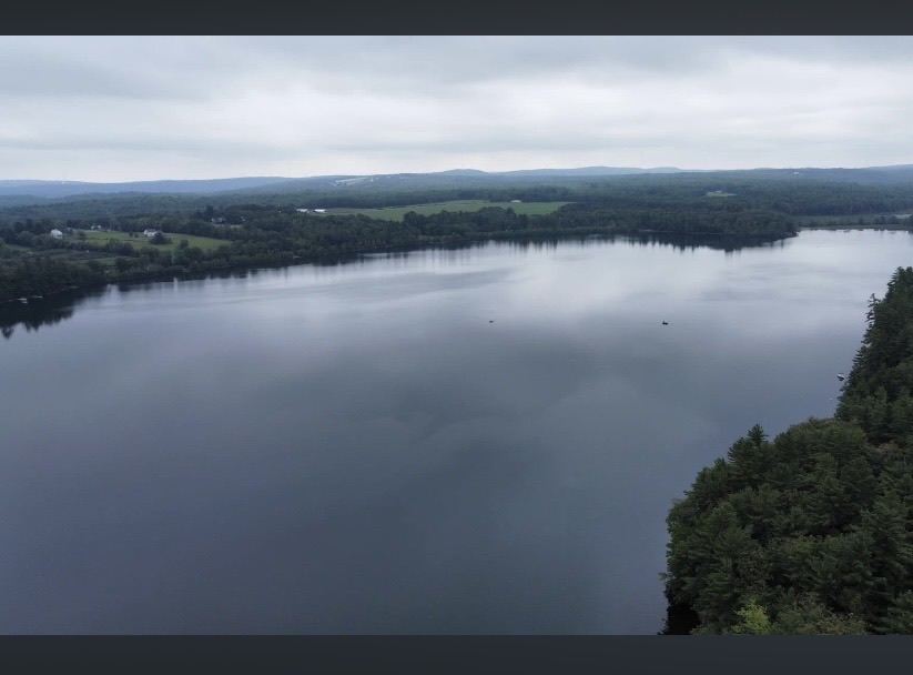 Wide aerial view of Cochnewagon Lake and surrounding landscape